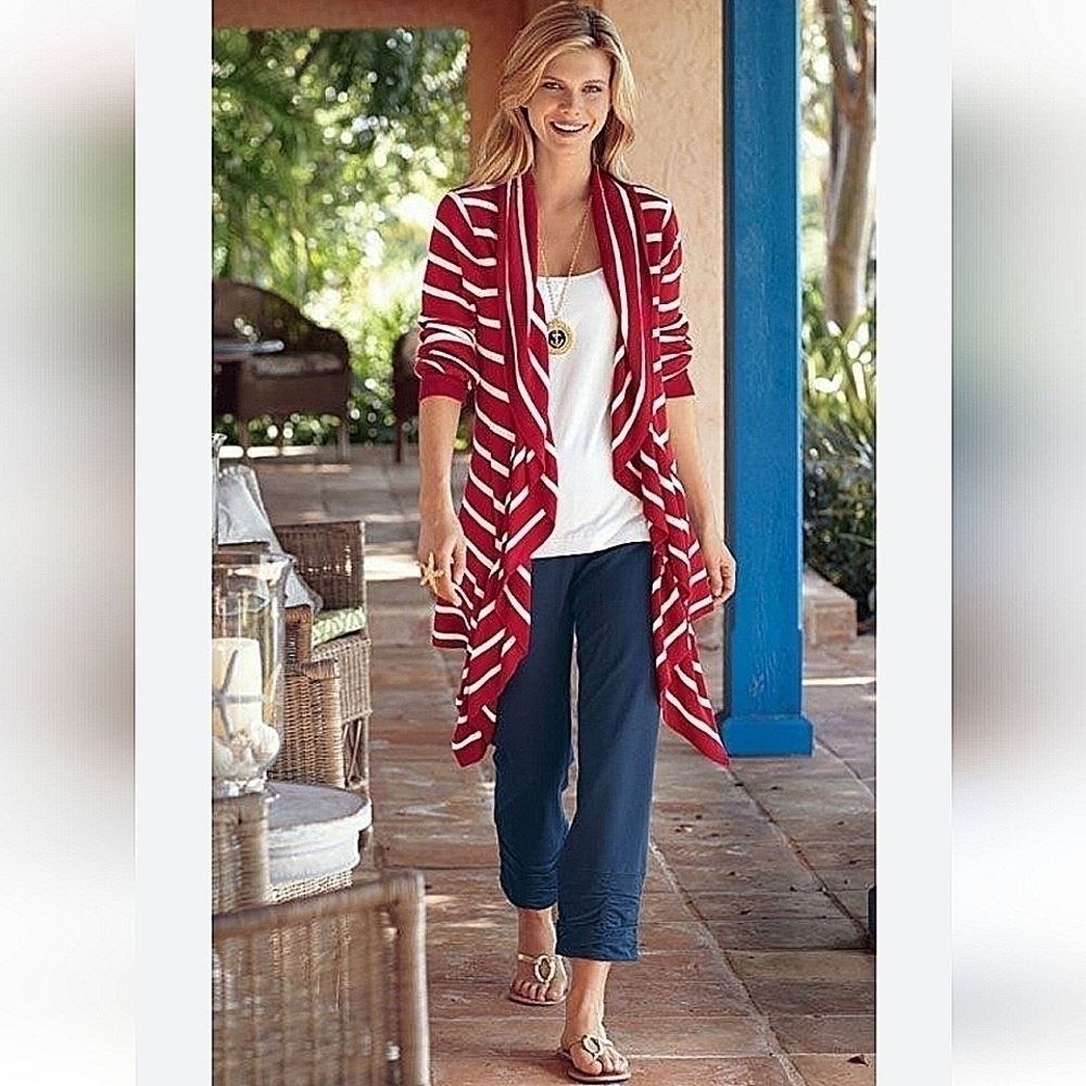 Soft Surroundings-Red Stripe Open Front Knit Cardigan Sweater-Size PP
